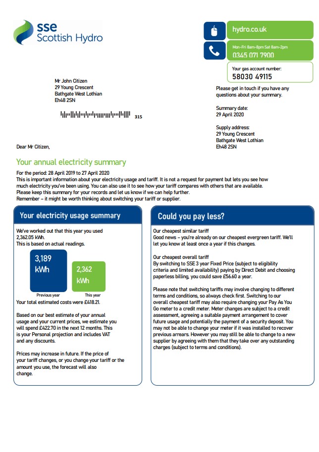 United Kingdom SSE Energy utility bill template in Word and PDF format, version 2